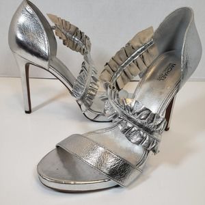 Michael Kors Bella Silver Ruffle Platform Heel 10 Metallic Leather Strap